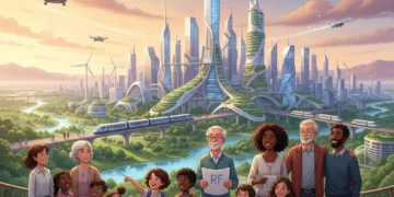 Illustration des défis démographiques en France avec des personnes de tous âges et une ville moderne en arrière-plan.