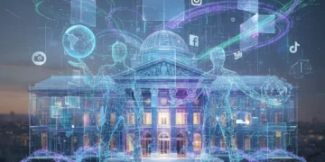 Illustration futuriste de l'Assemblée Nationale française avec des flux de données et des icônes numériques, symbolisant l'impact des plateformes sur la démocratie en France en 2026.