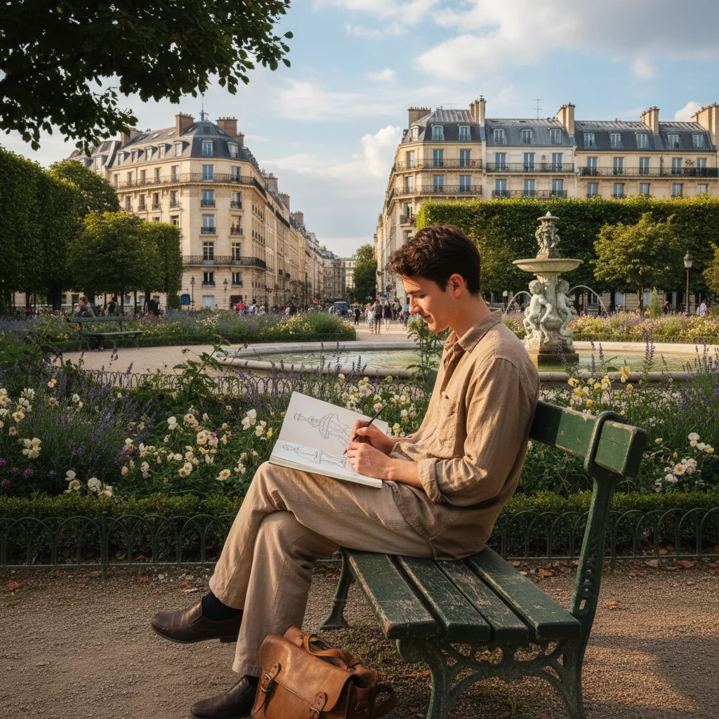 Personne dessinant dans un parc parisien, moment de pleine conscience créative