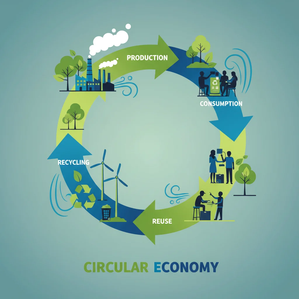 Diagramme circulaire illustrant l'économie circulaire avec production, consommation et recyclage.