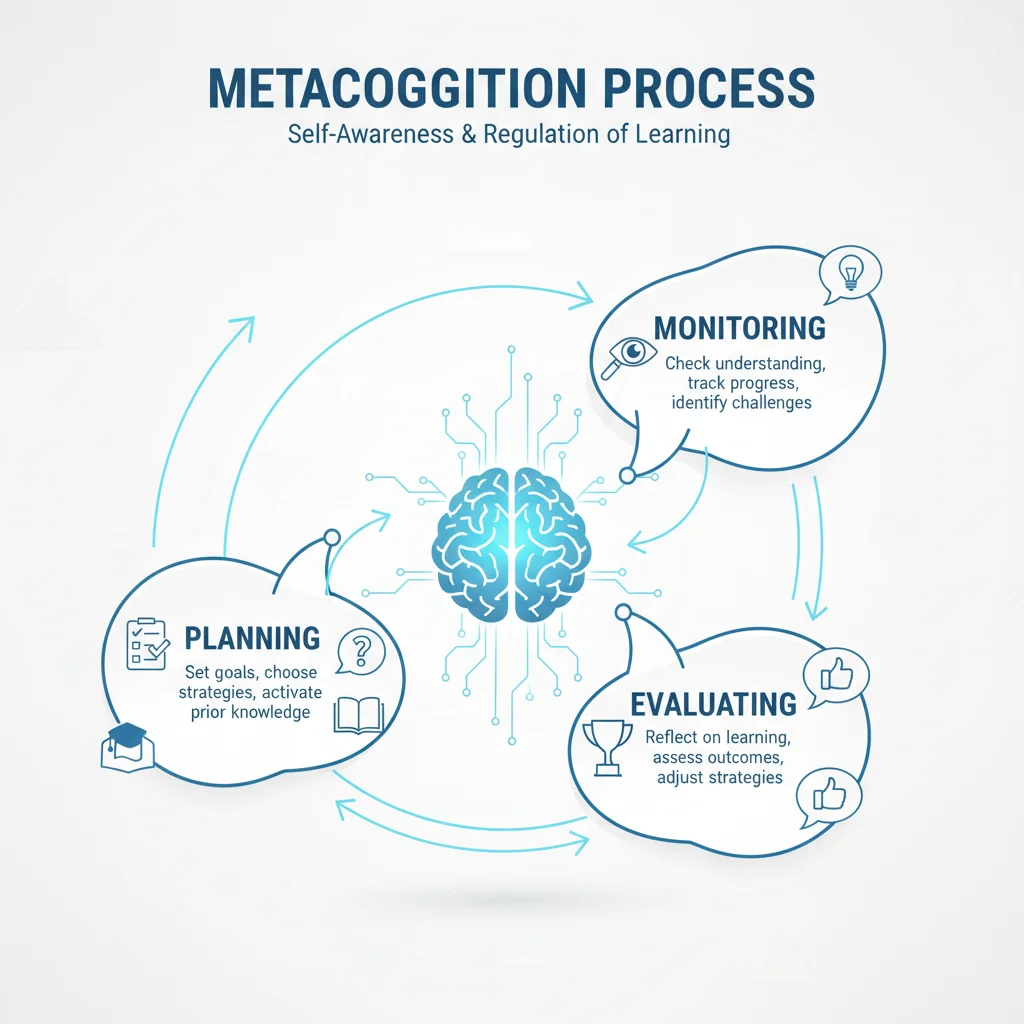 Schéma complexe illustrant le processus de métacognition et son rôle dans l'apprentissage et la lecture.
