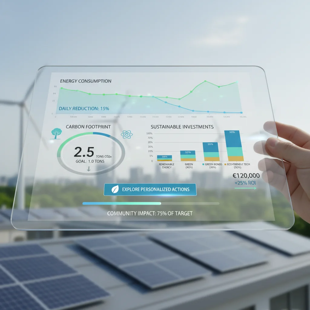 Interface numérique affichant des données sur la consommation d'énergie et l'empreinte carbone, soulignant la prise de conscience technologique.