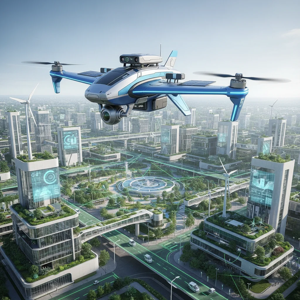 Drone sophistiqué survolant une ville intelligente et durable, symbolisant l'application concrète des innovations.