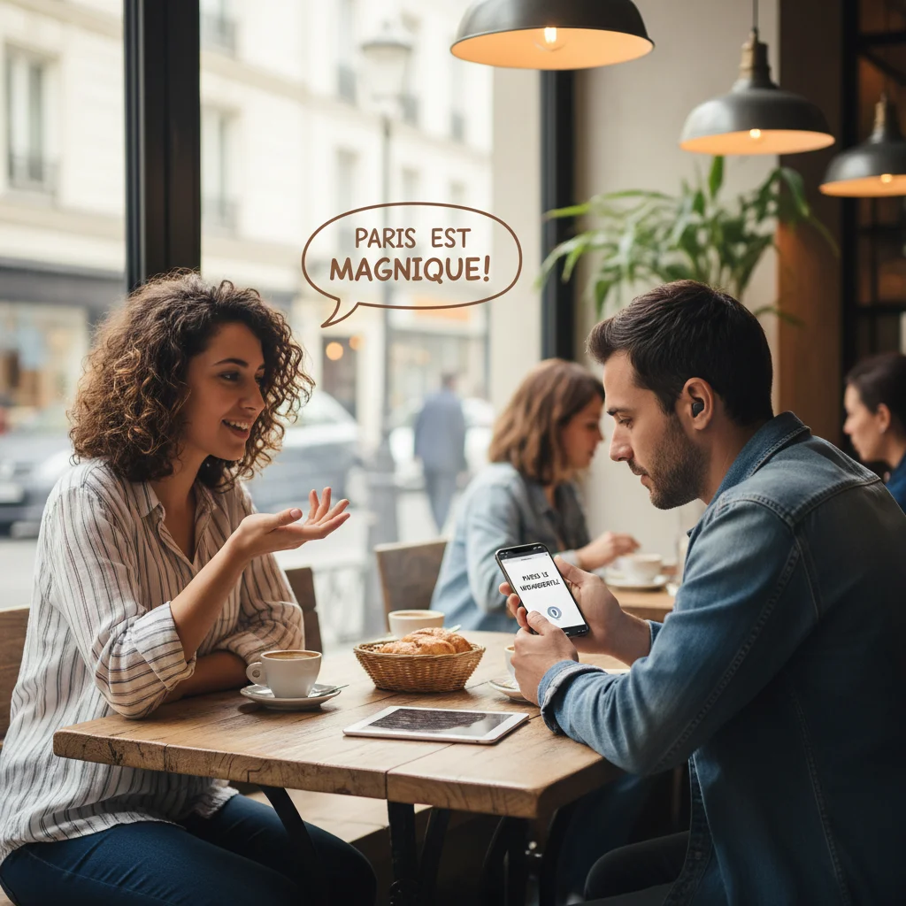 Deux personnes participant à un échange linguistique en français dans un café, symbolisant la pratique orale et l'immersion.