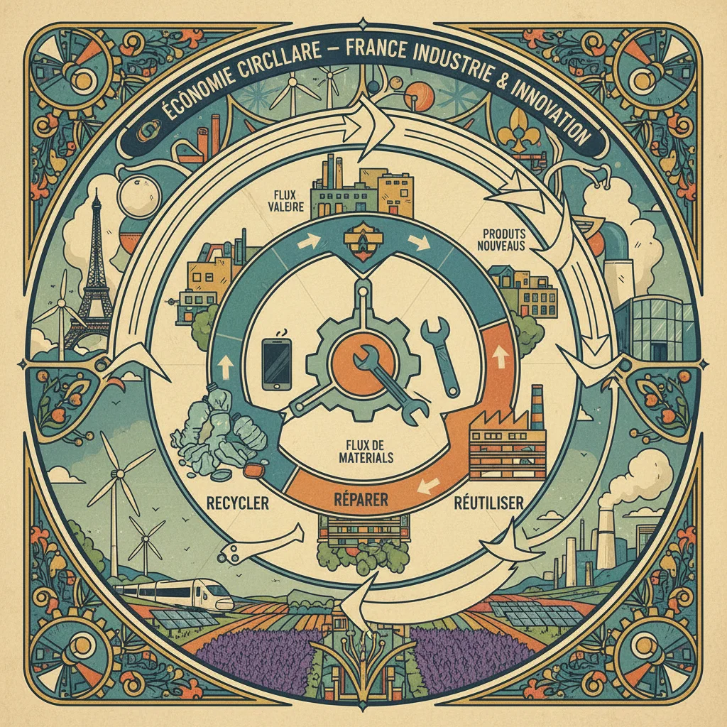 Illustration du modèle d'économie circulaire avec des produits recyclés et réutilisés dans un contexte industriel français.