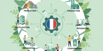 Illustration dynamique de l'économie circulaire avec des entreprises françaises, symbolisant la durabilité et l'innovation en 2026.