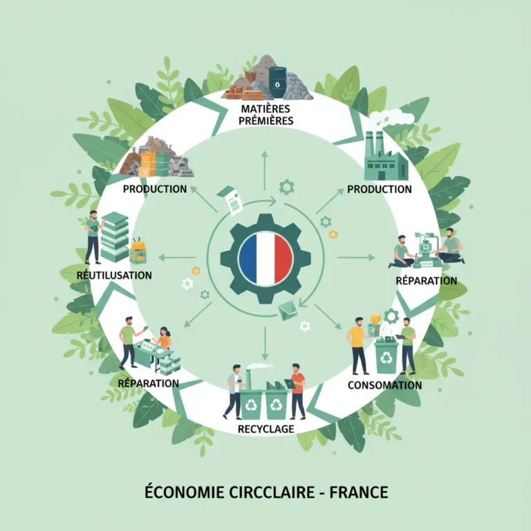 Illustration dynamique de l'économie circulaire avec des entreprises françaises, symbolisant la durabilité et l'innovation en 2026.