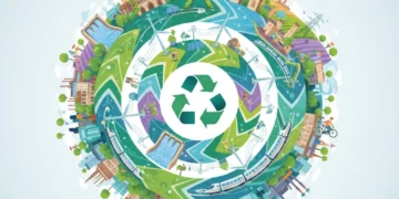 Illustration de l'économie circulaire en France, symbolisant l'innovation et la durabilité avec des boucles interconnectées et des éléments verts.