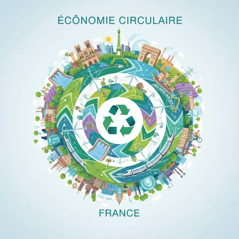 Illustration de l'économie circulaire en France, symbolisant l'innovation et la durabilité avec des boucles interconnectées et des éléments verts.