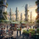 Illustration d'une ville futuriste et durable avec des citoyens engagés dans l'économie circulaire.