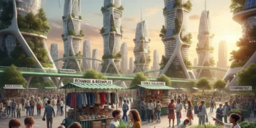 Illustration d'une ville futuriste et durable avec des citoyens engagés dans l'économie circulaire.
