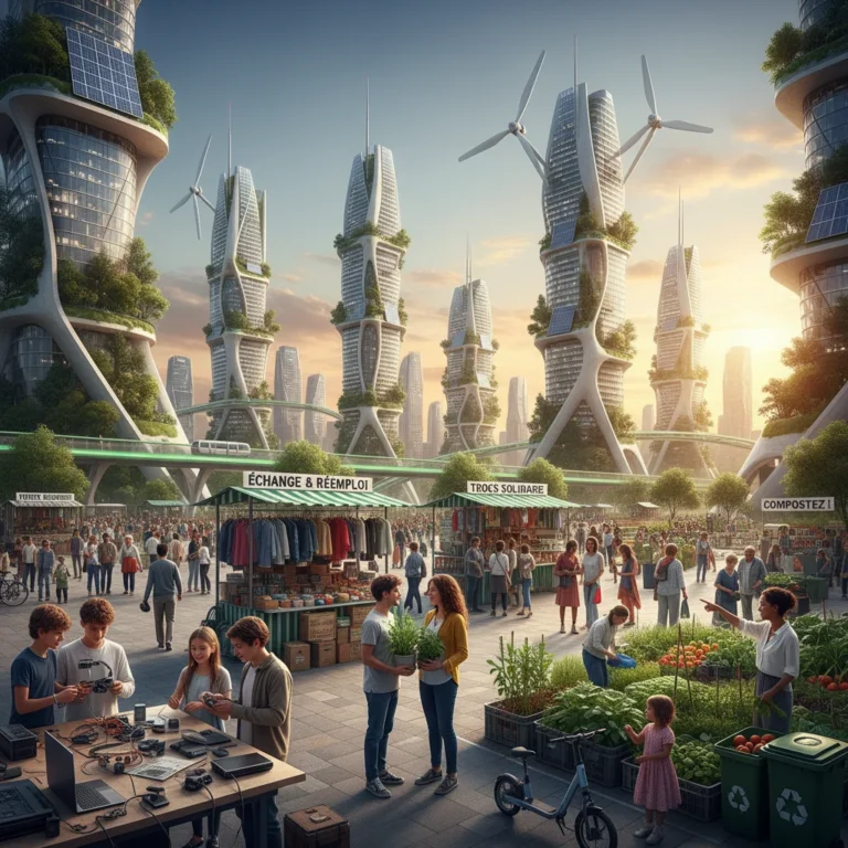 Illustration d'une ville futuriste et durable avec des citoyens engagés dans l'économie circulaire.