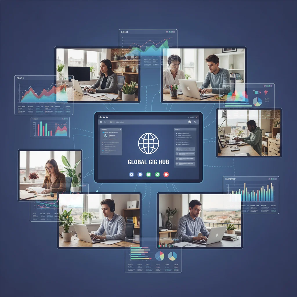 Professionnels collaborant à distance via des outils numériques, illustrant l'économie du partage et les plateformes de services.