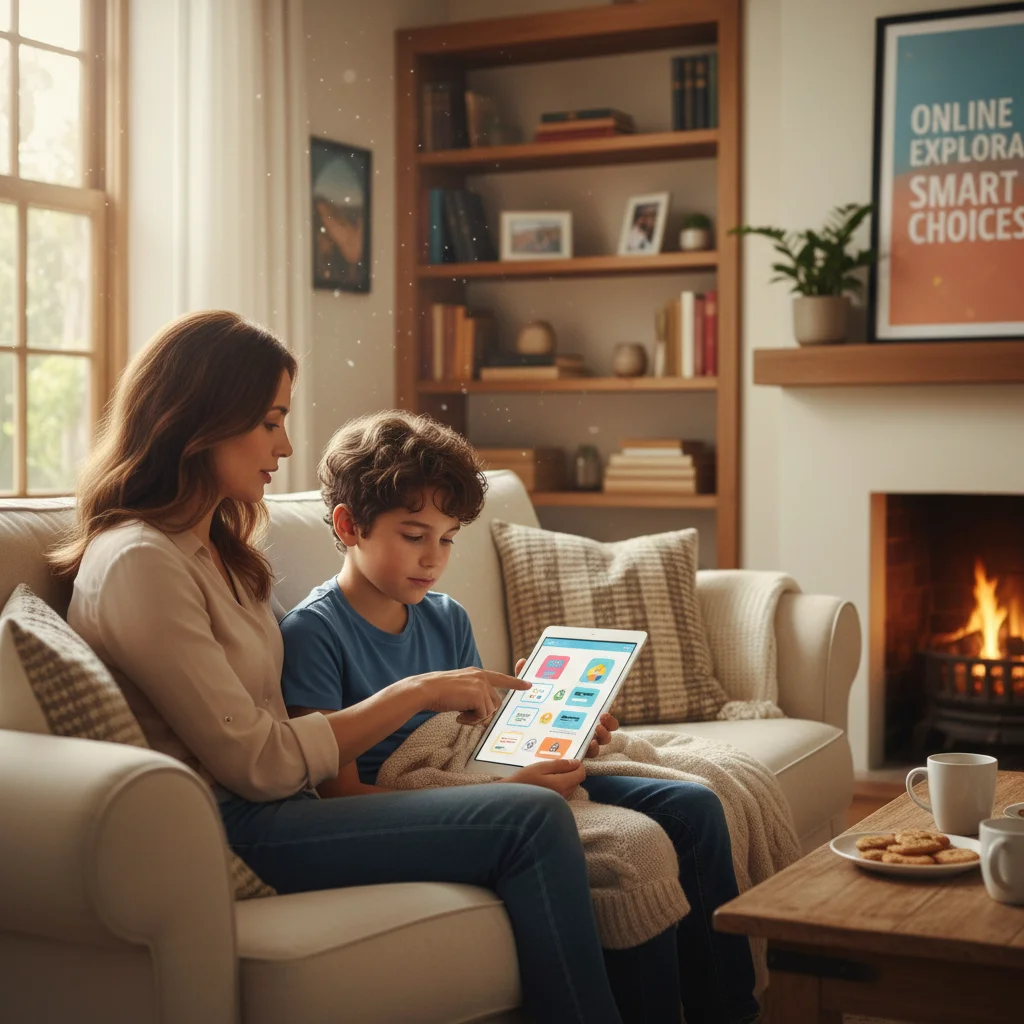 Parent et enfant discutant des bonnes pratiques de sécurité en ligne, illustrant l'éducation numérique familiale.