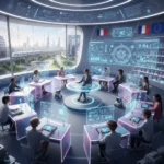 Classe futuriste en France 2026 avec technologies numériques et apprentissage interactif