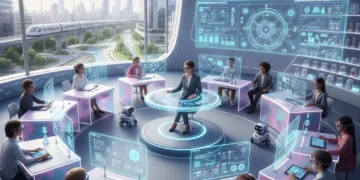 Classe futuriste en France 2026 avec technologies numériques et apprentissage interactif