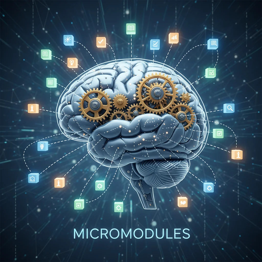 Cerveau stylisé avec des engrenages, représentant l'efficacité du micro-apprentissage.