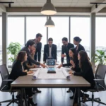 Entrepreneurs français discutant de solutions d'innovation frugale dans un espace collaboratif.