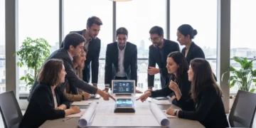 Entrepreneurs français discutant de solutions d'innovation frugale dans un espace collaboratif.