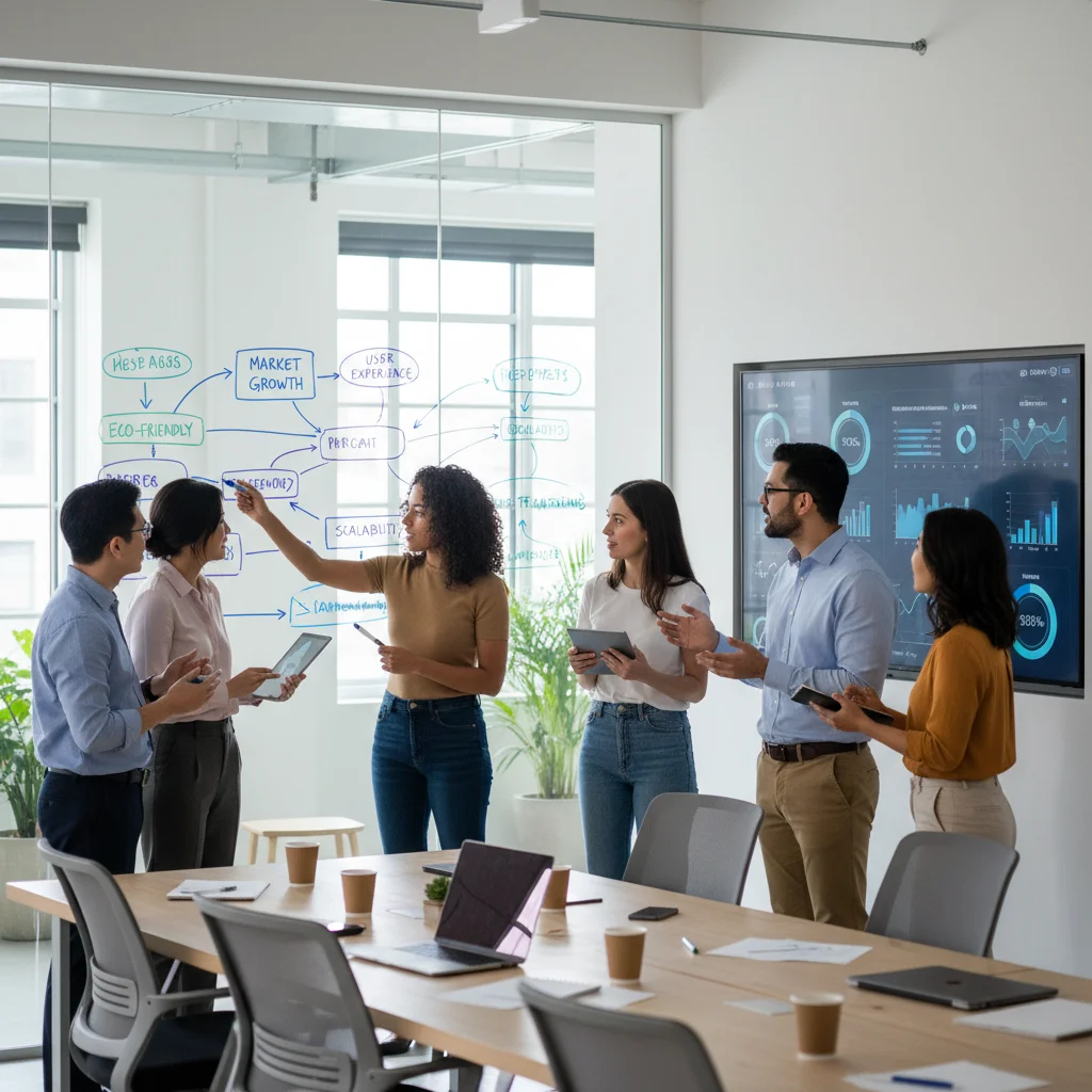 Équipe collaborative analysant des indicateurs de performance d'innovation