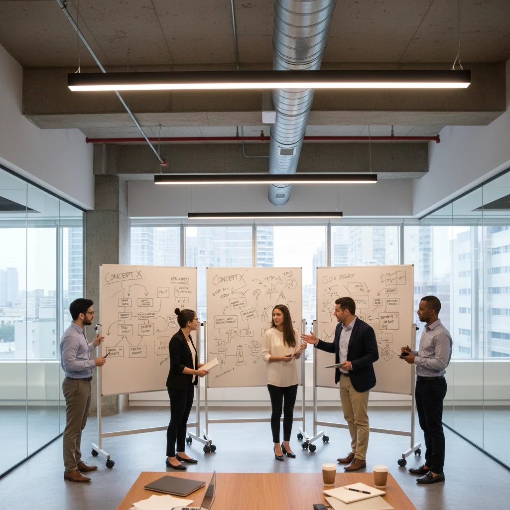 Équipe d'innovateurs échangeant des idées dans un bureau, illustrant le processus de création et le risque de divulgation prématurée des innovations.