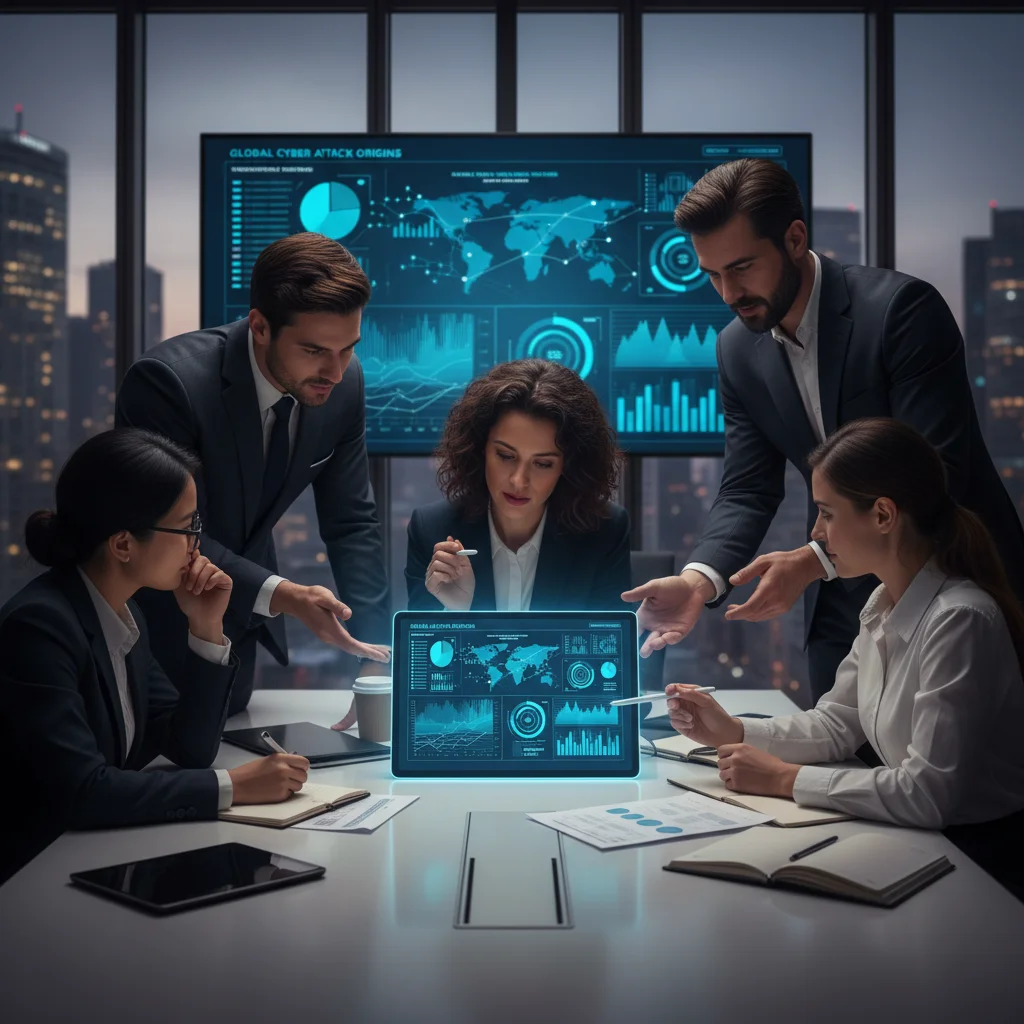 Équipe de PME collaborant sur des données de cybersécurité, illustrant une gestion proactive des menaces.