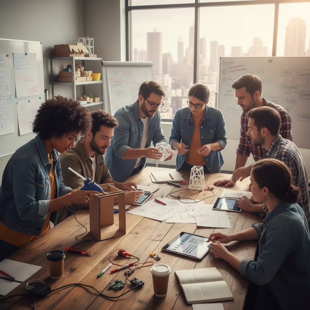 Équipe diversifiée en pleine phase de prototypage, créant des solutions innovantes.