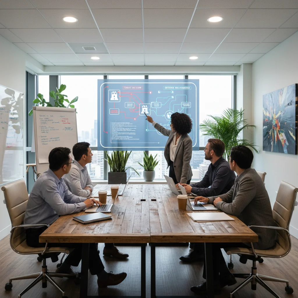 Équipe de professionnels collaborant sur des stratégies de cybersécurité, illustrant la gestion des cyber-risques.
