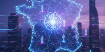 Illustration futuriste de l'éthique de l'IA en France, avec des réseaux neuronaux et une carte stylisée de la France.