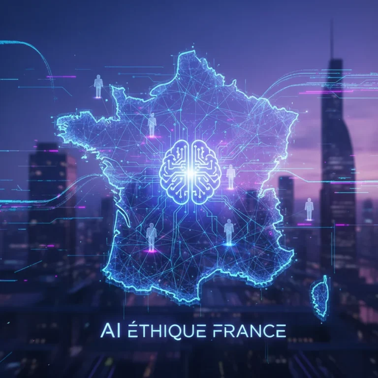 Illustration futuriste de l'éthique de l'IA en France, avec des réseaux neuronaux et une carte stylisée de la France.