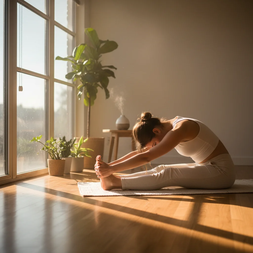 Personne faisant des étirements doux ou du yoga dans une pièce ensoleillée le matin.