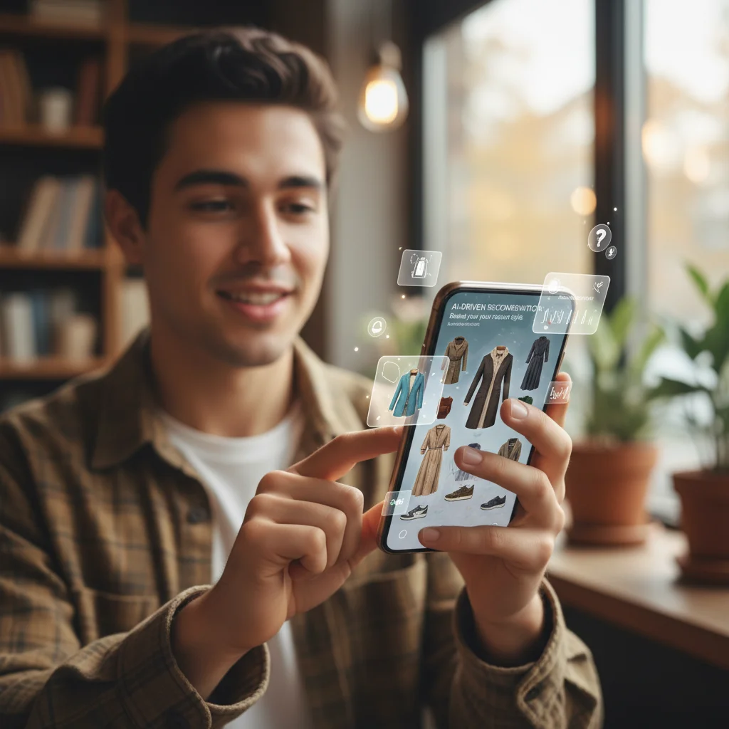 Jeune utilisant une expérience d'achat numérique personnalisée et immersive via son smartphone.