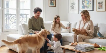 Famille française heureuse avec ses animaux de compagnie dans un salon moderne