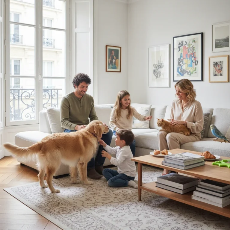 Famille française heureuse avec ses animaux de compagnie dans un salon moderne