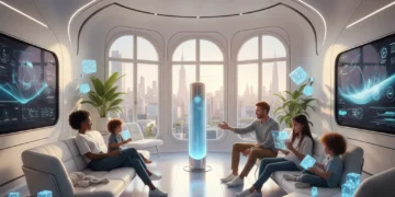 Famille française interagissant avec un assistant vocal dans un salon moderne