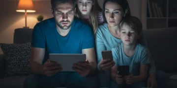 Famille préoccupée par l'usage des écrans chez les jeunes