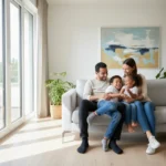 Famille française moderne souriante et connectée dans un salon lumineux
