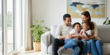 Famille française moderne souriante et connectée dans un salon lumineux