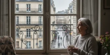 Femme âgée seule regardant par la fenêtre, symbolisant l'isolement en France