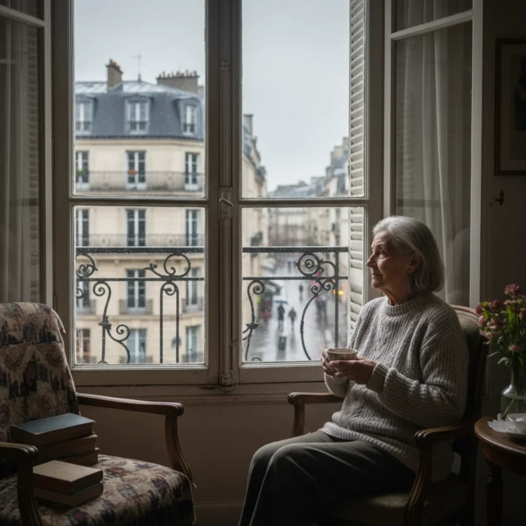 Femme âgée seule regardant par la fenêtre, symbolisant l'isolement en France