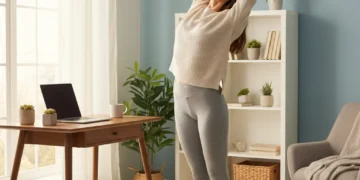 Femme souriante faisant une pause active en télétravail, étirant ses bras au-dessus de sa tête dans un bureau lumineux.