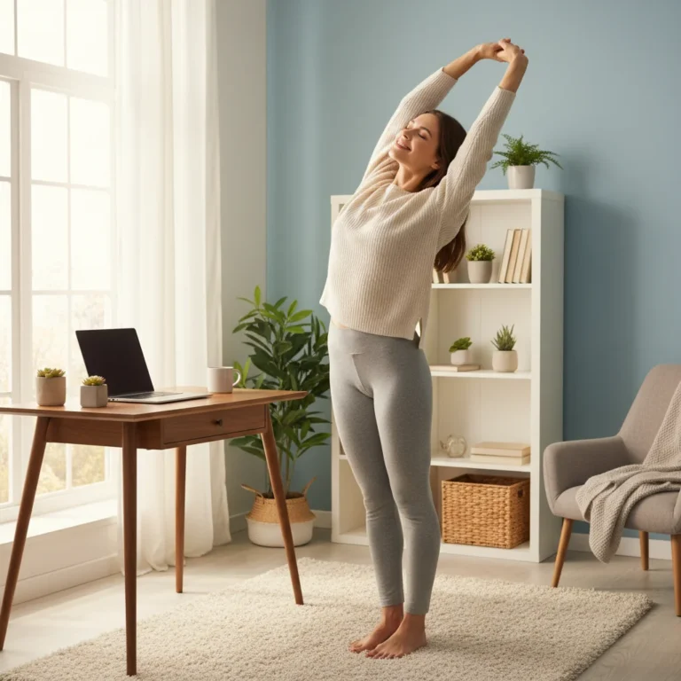 Femme souriante faisant une pause active en télétravail, étirant ses bras au-dessus de sa tête dans un bureau lumineux.