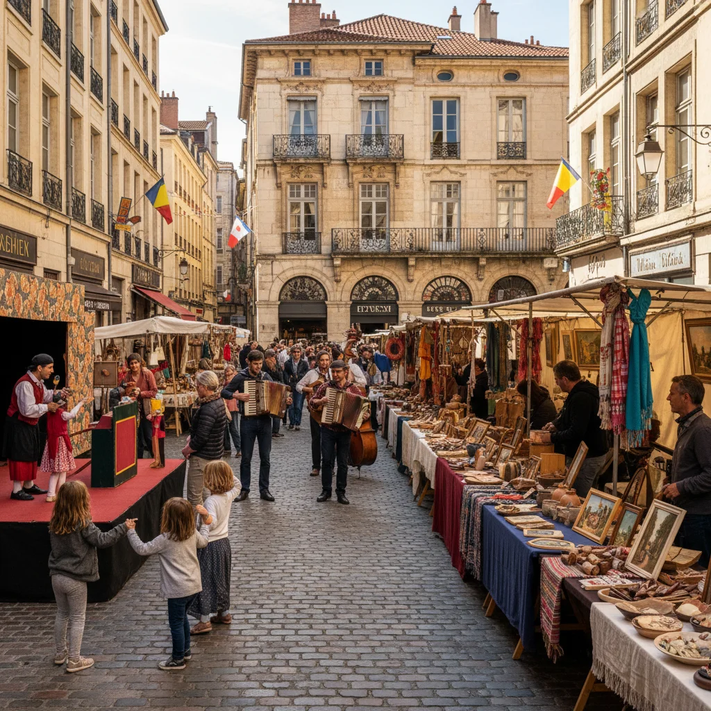Festival de rue animé dans une ville française, avec des habitants de tous âges participant à des activités culturelles et sociales, renforçant la cohésion.
