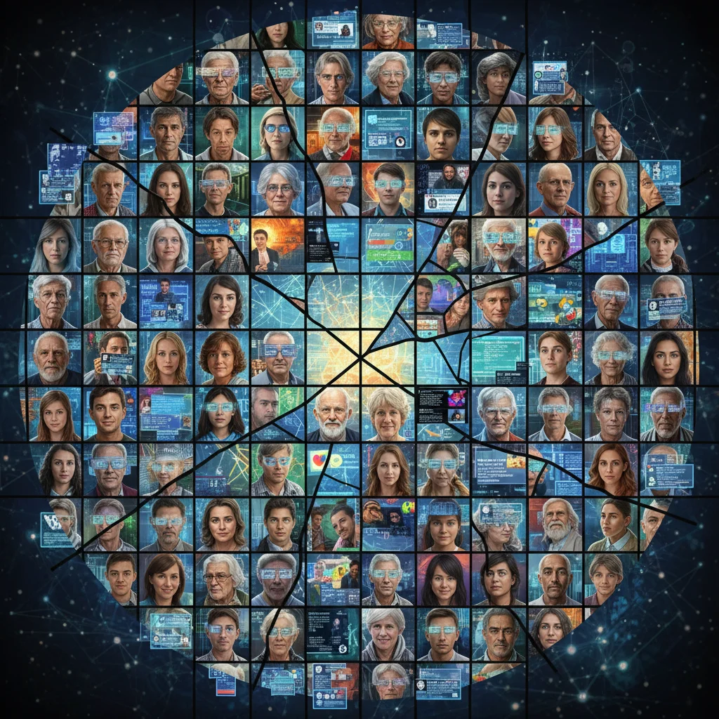 Mosaïque de visages divers regardant des écrans numériques, illustrant la fragmentation du discours public et le défi de la surcharge informationnelle dans la démocratie numérique.