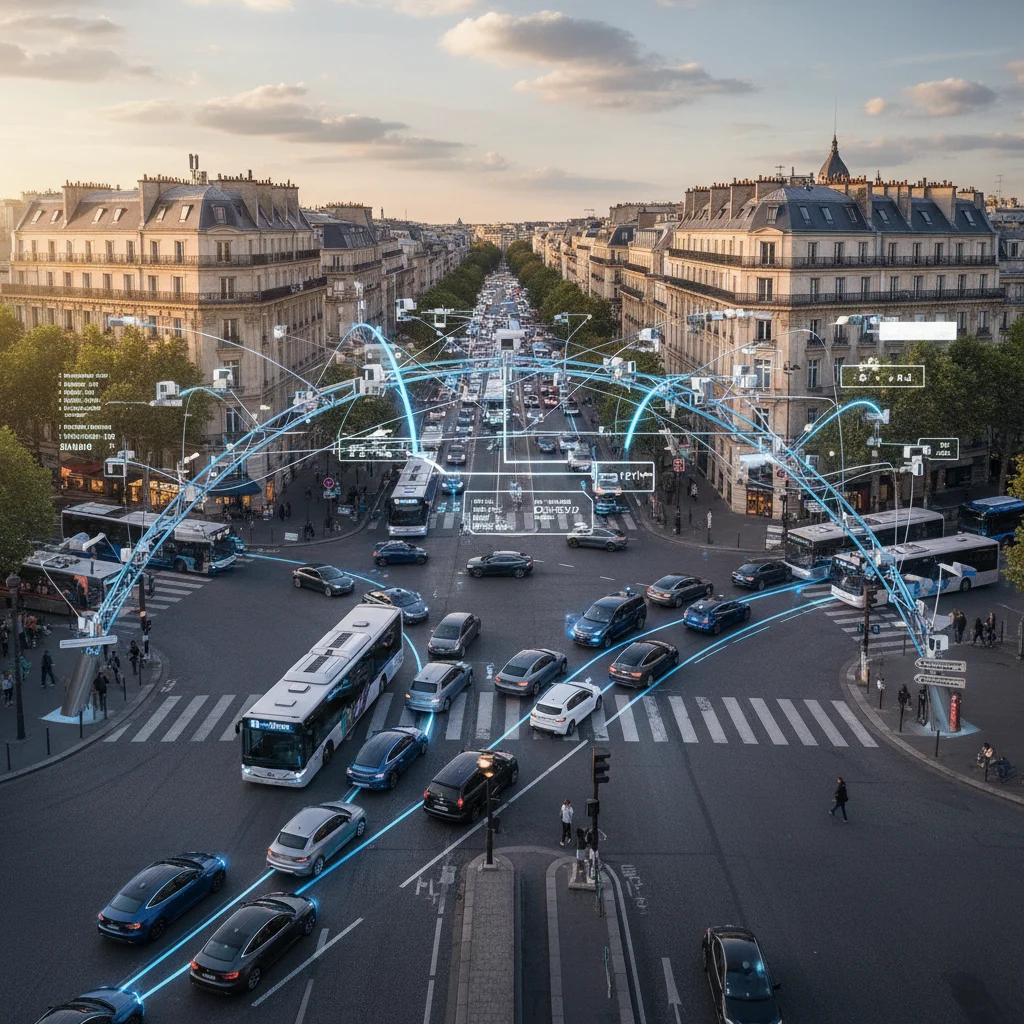 Intersection urbaine française gérée par des capteurs et feux de signalisation intelligents, illustrant l'optimisation des transports en ville intelligente.