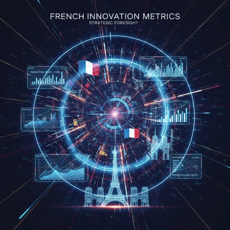 Graphique futuriste mesurant l'innovation en France avec des données clés