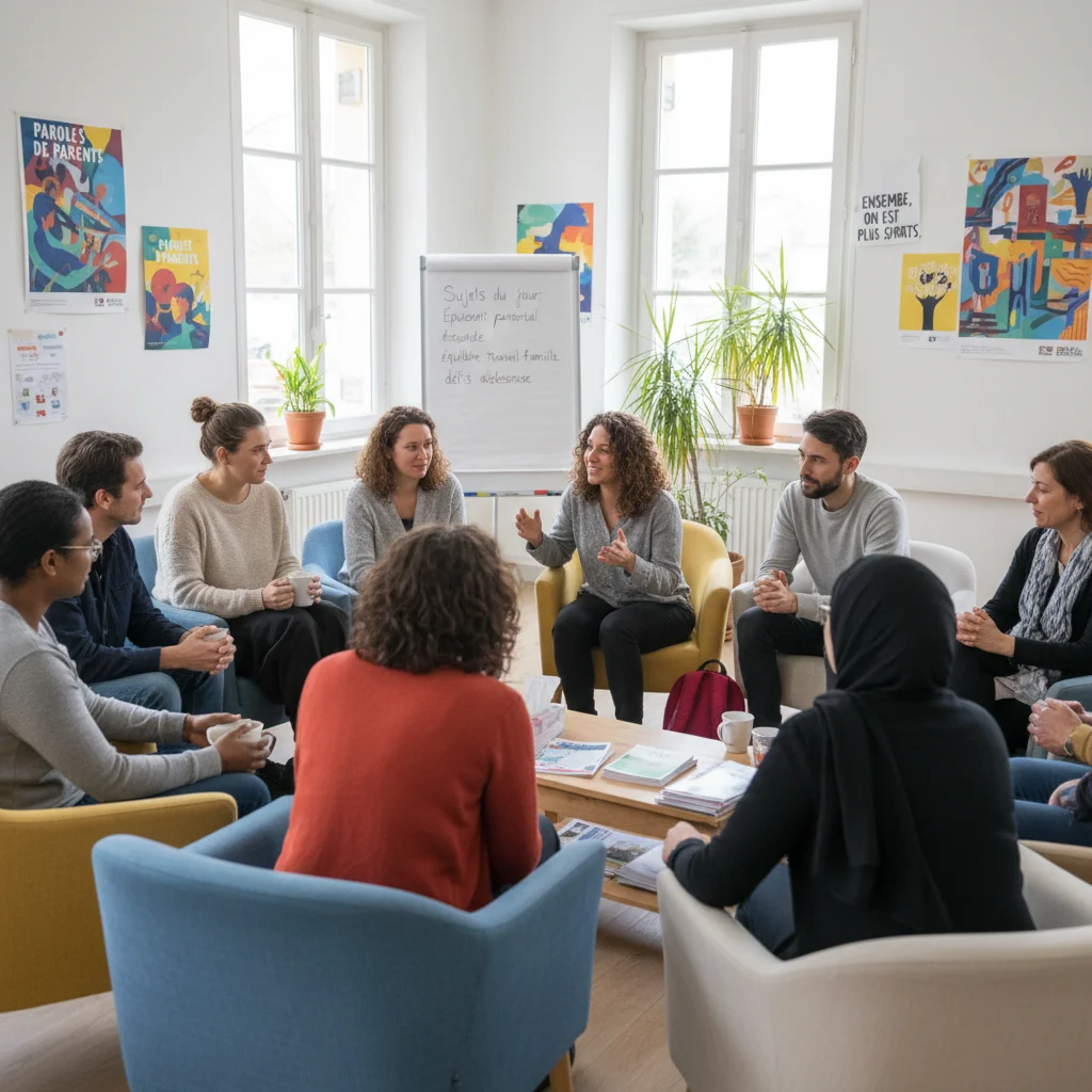 Groupe de parents français en réunion de soutien et d'échange