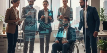 Professionnels collaborant avec une interface d'IA générative, symbolisant l'innovation et l'augmentation de la productivité en PME.