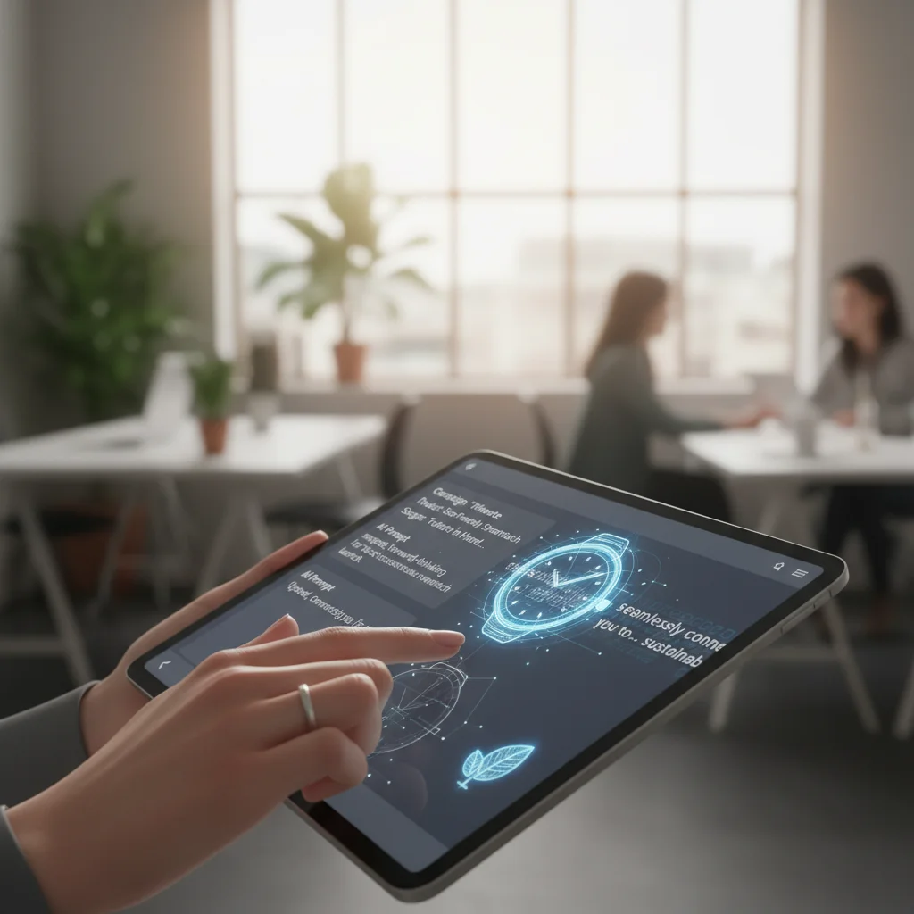 Main utilisant une tablette pour générer du contenu marketing avec l'IA générative, illustrant l'optimisation des tâches créatives.