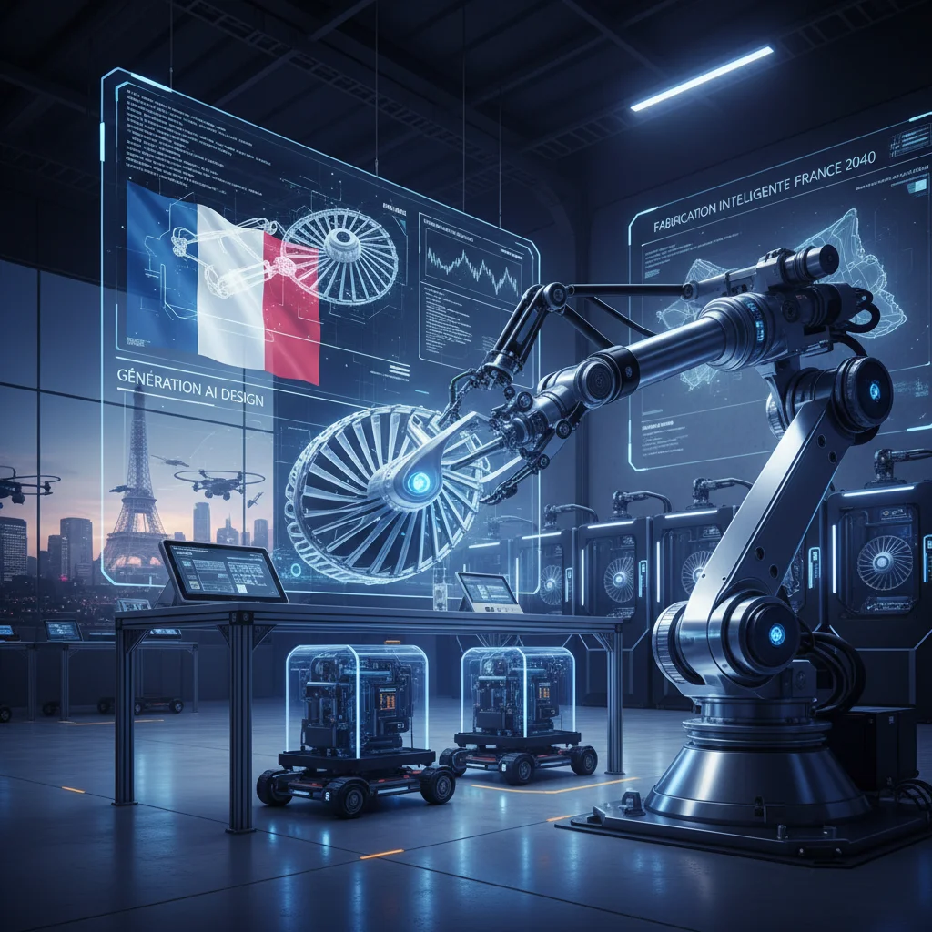Bras robotique de pointe dans une usine de fabrication, symbolisant l'intégration de l'IA générative dans les processus industriels et la production automatisée en France.